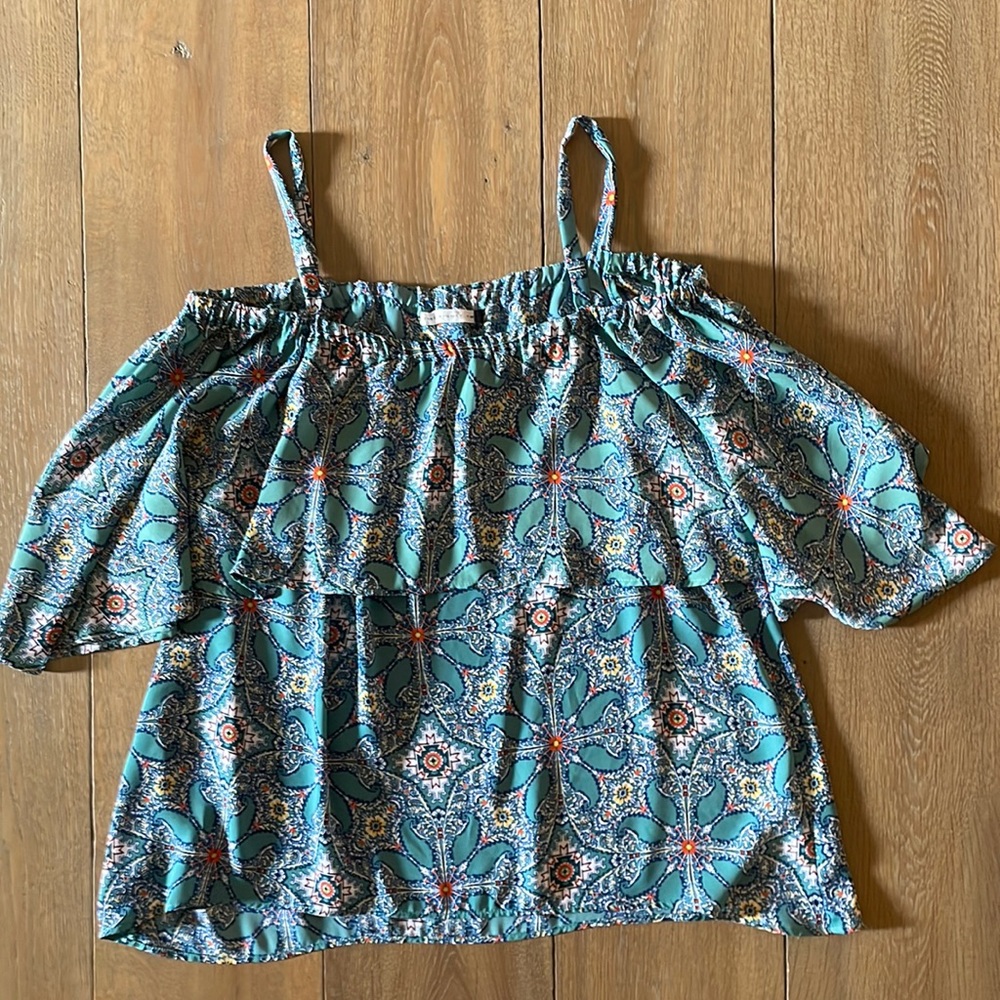 Blue, Teal, and Coral Off the Shoulder Top- size S
